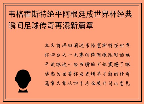 韦格霍斯特绝平阿根廷成世界杯经典瞬间足球传奇再添新篇章